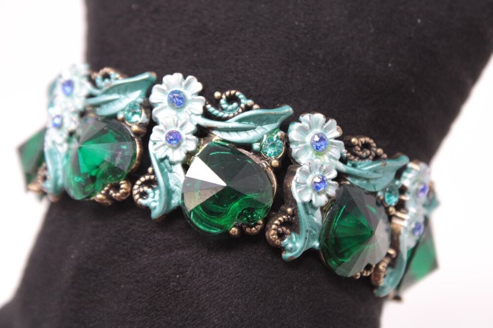 Victorian Revival Flex Wire Bracelet Cuff Green Glass Hearts Enamel Flower Fairy